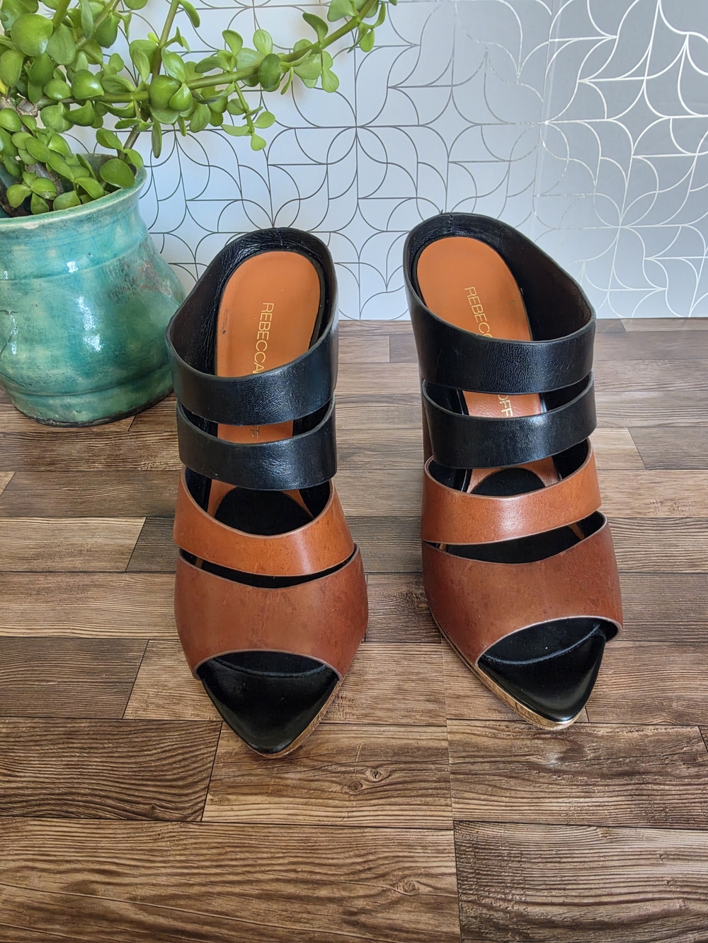 Rebecca Minkoff Brown and Black Strappy Mule Heels